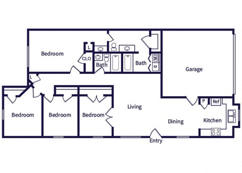 Floor plan for 4 beds, 2 baths, 1326 sqft